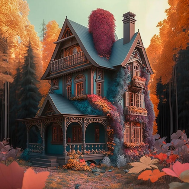 Una pintura de una casa con un porche y un balcón en el frente.