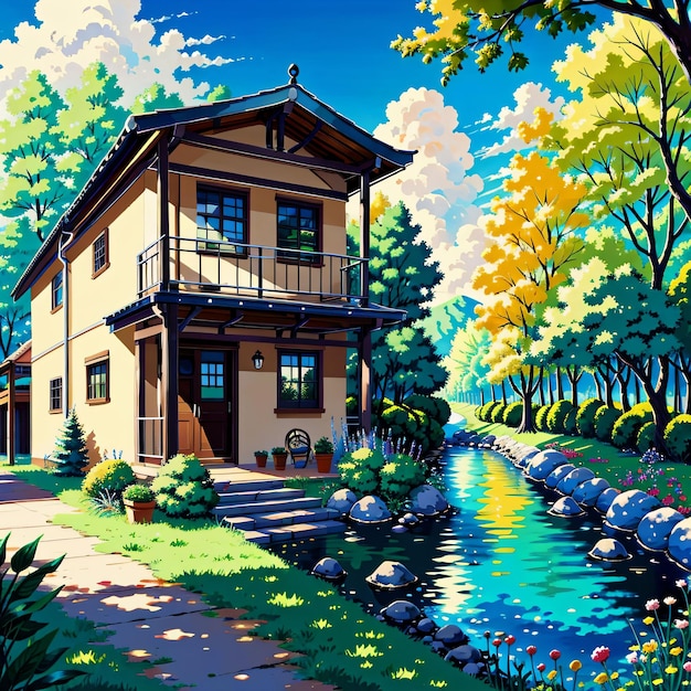 Una pintura de una casa con un río frente a ella.