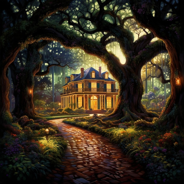 Foto una pintura de una casa rodeada de árboles