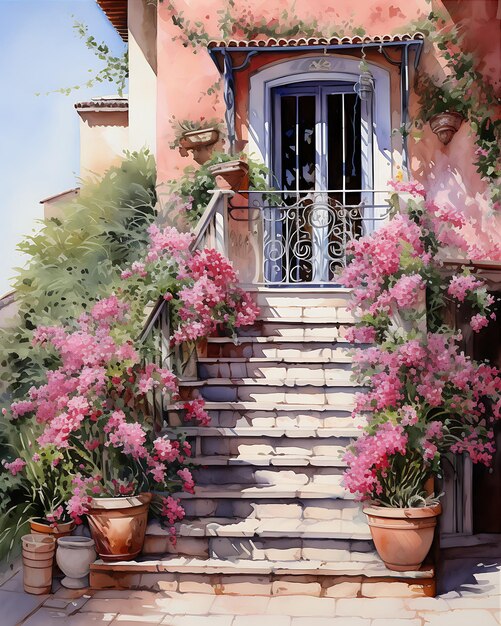 Pintura de la casa roja con escalones y flores