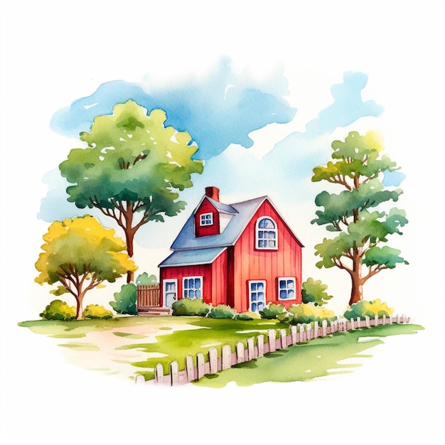 pintura de una casa roja con una valla y árboles generativos ai