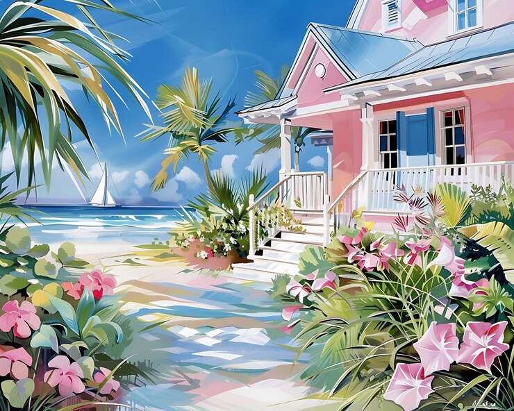 pintura de una casa rosa con un velero en el fondo