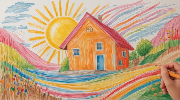 Foto una pintura de una casa con el sol detrás de ella