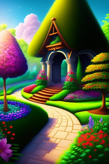 Una pintura de una casa con techo de paja y un camino de jardín.