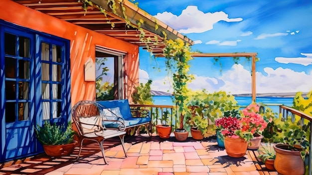 Una pintura de una casa con una vista del océano y muchas plantas