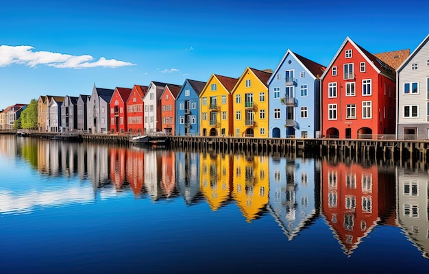 Foto una pintura de casas coloridas con el reflejo de ellas en el agua