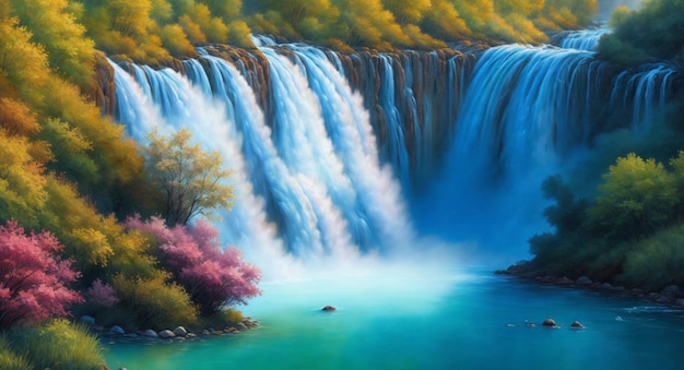 Una pintura de una cascada con agua azul y un bosque verde en el fondo