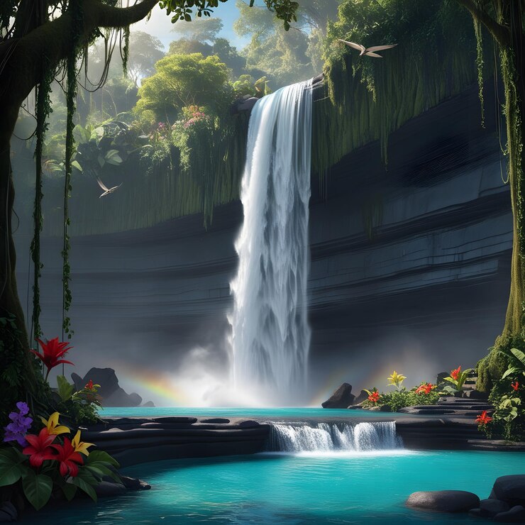 una pintura de una cascada con un arco iris de fondo