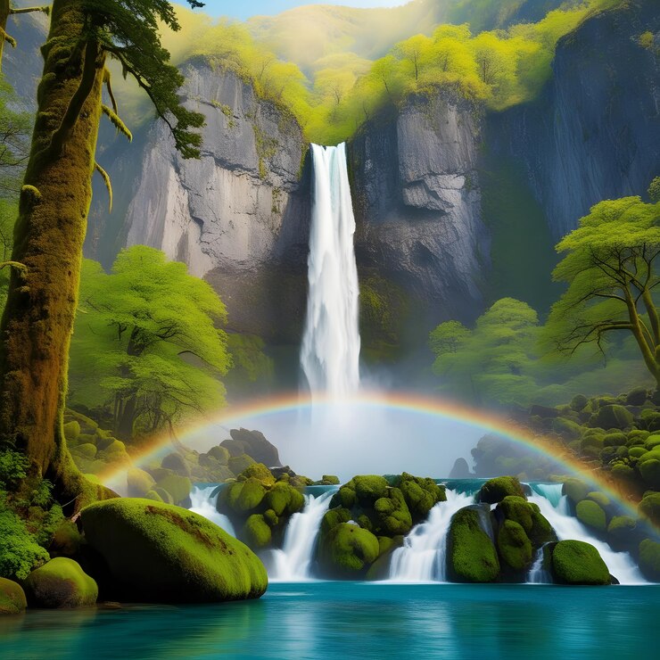 una pintura de una cascada con un arco iris de fondo
