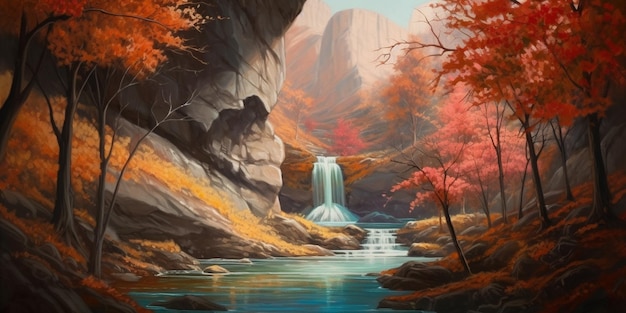 Una pintura de una cascada en un bosque con una cascada al fondo.