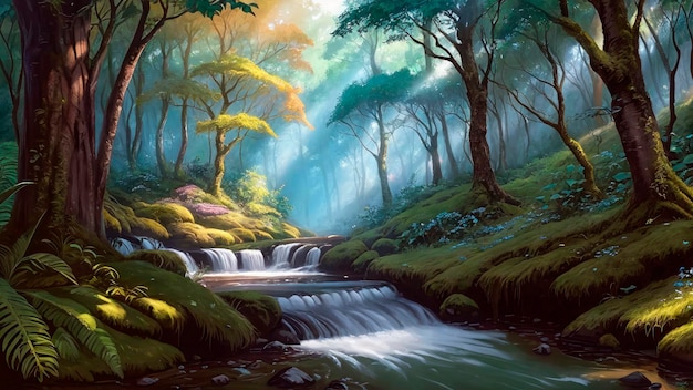 Una pintura de una cascada en el bosque.