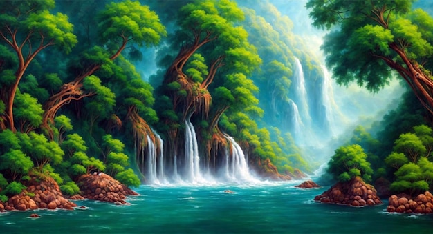 Una pintura de una cascada en un bosque