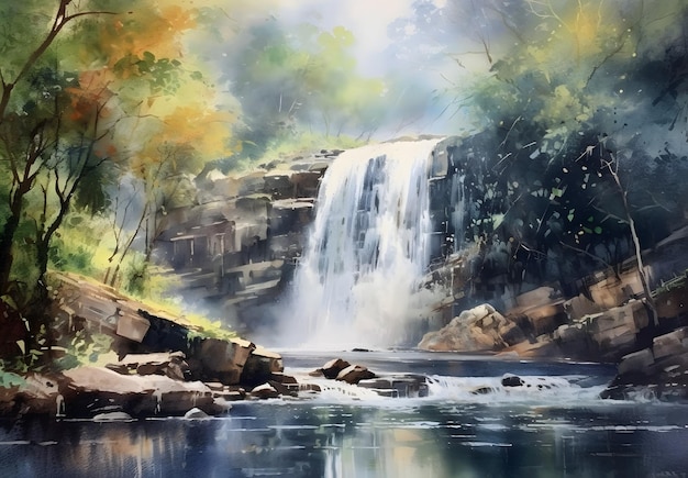 Una pintura de una cascada con una cascada al fondo.