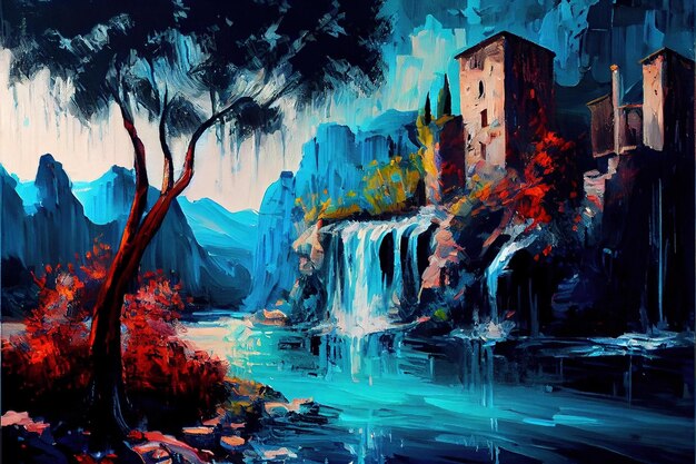 Foto una pintura de una cascada y una cascada.