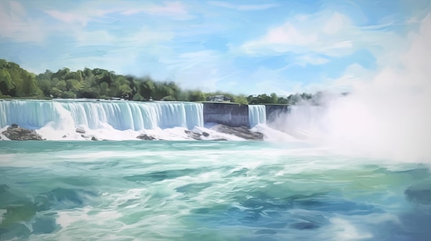 Una pintura de una cascada con un cielo azul y árboles al fondo.