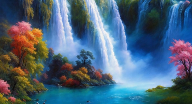 Una pintura de una cascada con un cielo azul y árboles al fondo.