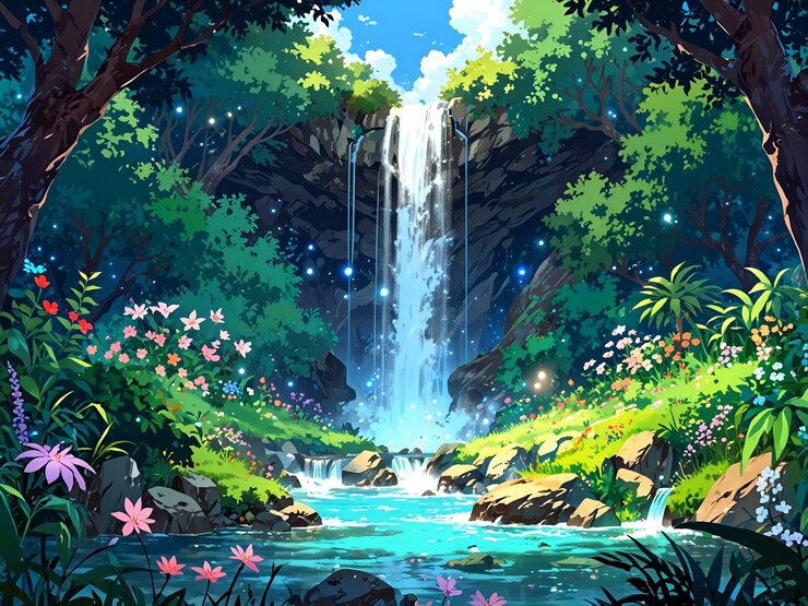 una pintura de una cascada con flores y árboles en el fondo