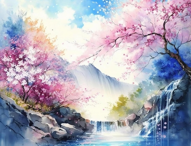 Una pintura de una cascada con flores de cerezo.