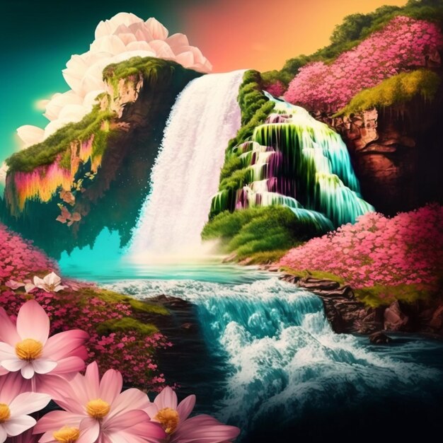 Foto pintura de una cascada con flores en primer plano y un arco iris en el fondo generativo ai