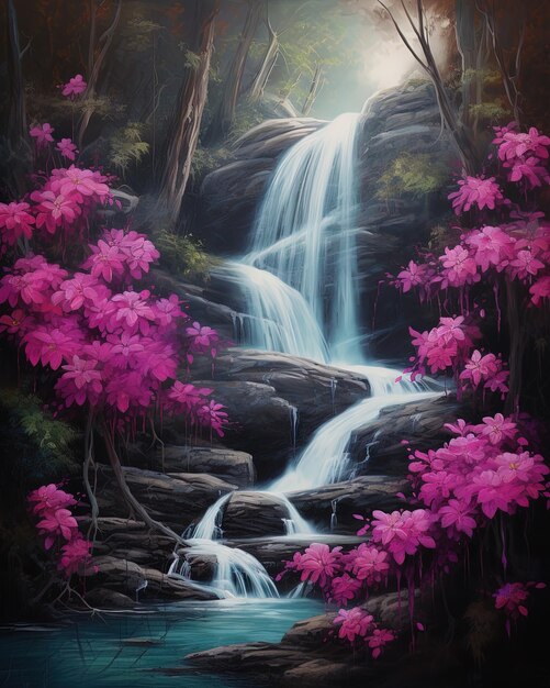 una pintura de una cascada con flores rosas y una cascada