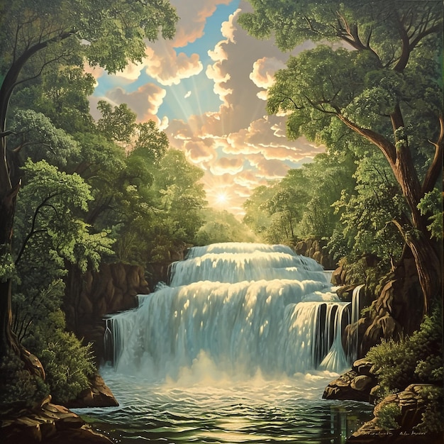 una pintura de una cascada con una imagen de una cascade en el fondo