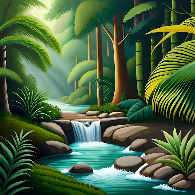 Una pintura de una cascada en una jungla con plantas verdes y una cascada.