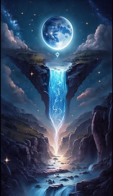 Pintura de una cascada con una luna en el cielo generativa ai.