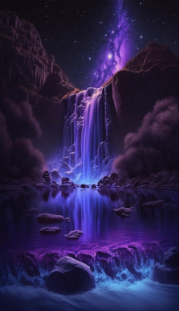 Una pintura de una cascada con la luna y las estrellas.