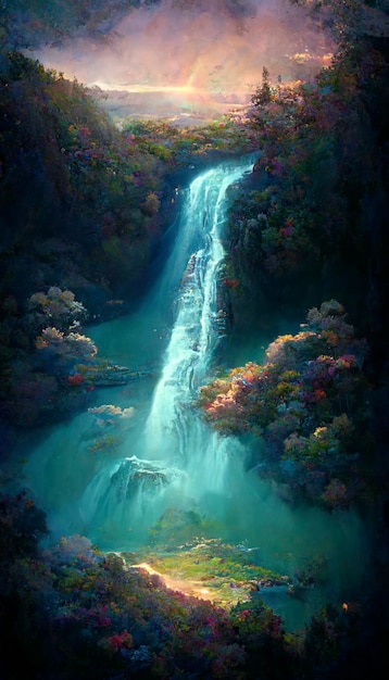 Pintura de una cascada en medio de un bosque Generativo Ai