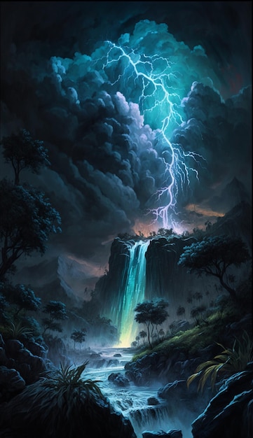 Pintura de una cascada en medio de la noche oscura generativa ai.