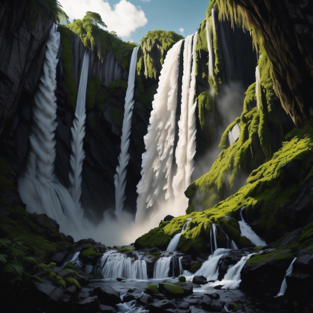 Una pintura de una cascada con musgo verde y árboles al fondo.