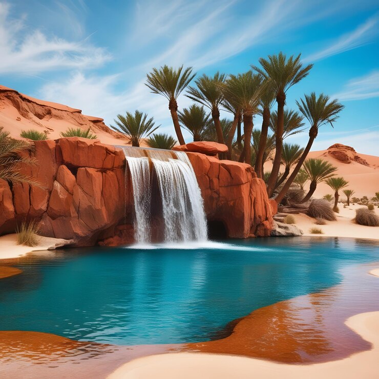 una pintura de una cascada y palmeras en el desierto