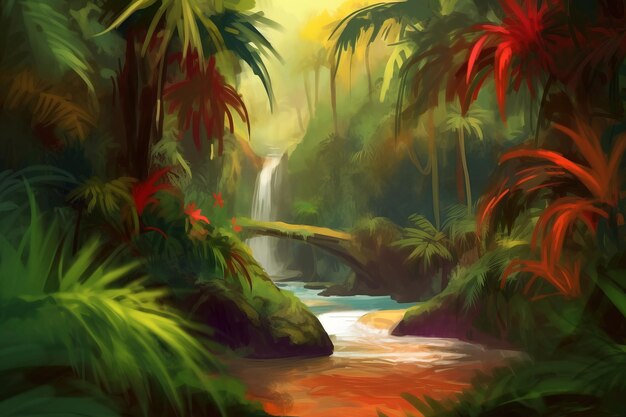 Una pintura de una cascada en la selva