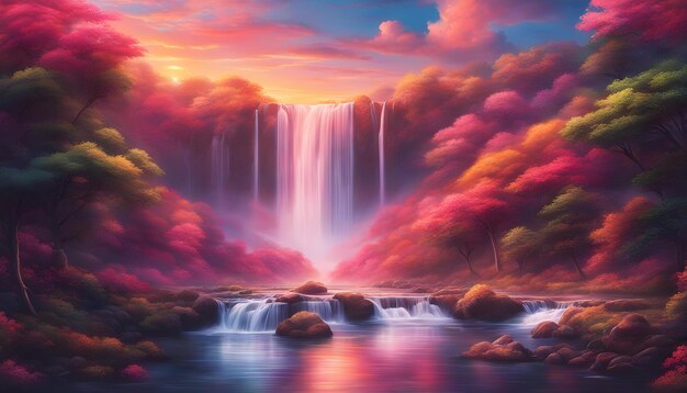 una pintura de una cascada con el sol poniéndose detrás de ella