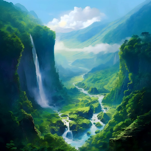 Una pintura de una cascada en un valle verde con un cielo azul y nubes.