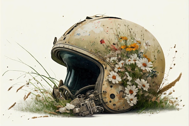 Pintura de casco de guerra deteriorado con hierba y flores, ilustración digital, fondo blanco.