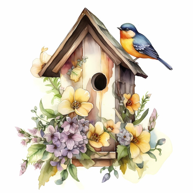 Una pintura de una casita para pájaros con un pájaro en el techo