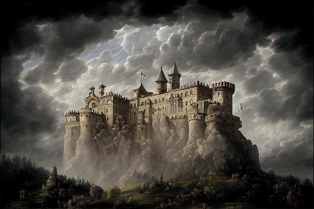 Una pintura de un castillo en un acantilado con un cielo nublado al fondo.