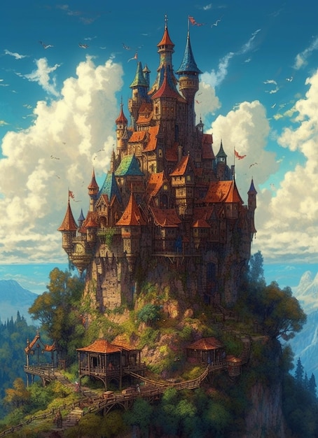 Pintura de un castillo en un acantilado con un fondo de cielo generativo ai