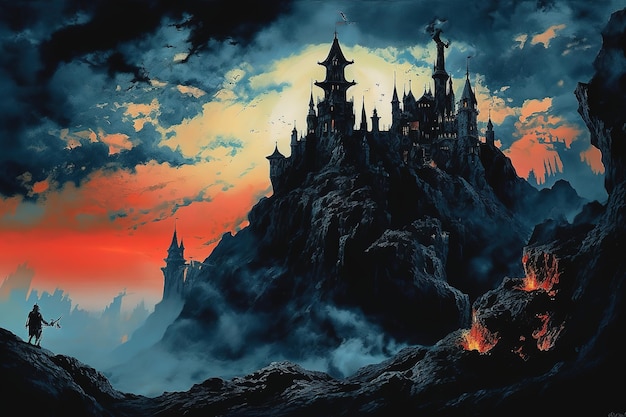 Una pintura de un castillo en un acantilado con una puesta de sol de fondo