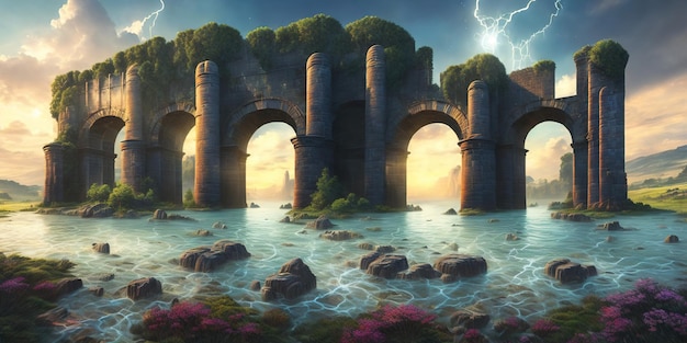 Una pintura de un castillo en el agua con una tormenta eléctrica en el fondo.