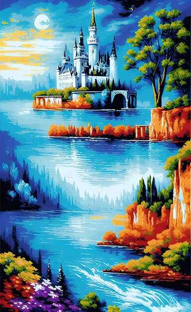 Una pintura de un castillo en el agua