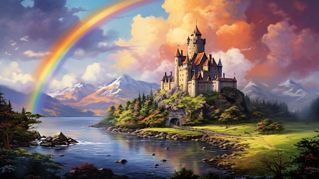 Una pintura de un castillo con un arco iris en el fondo