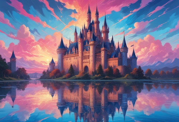 una pintura de un castillo con un atardecer y nubes en el fondo