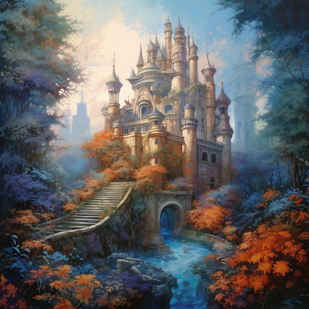 Pintura de un castillo en un bosque con un arroyo que lo atraviesa