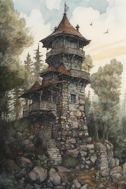 Una pintura de un castillo en el bosque con un pájaro volando en el cielo.