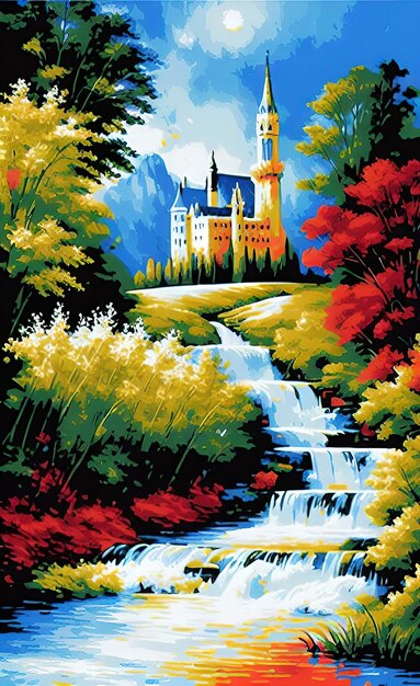 Una pintura de un castillo en el bosque