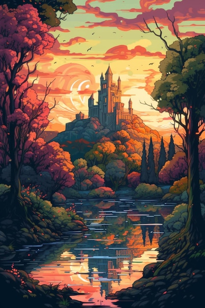 Una pintura de un castillo en el bosque