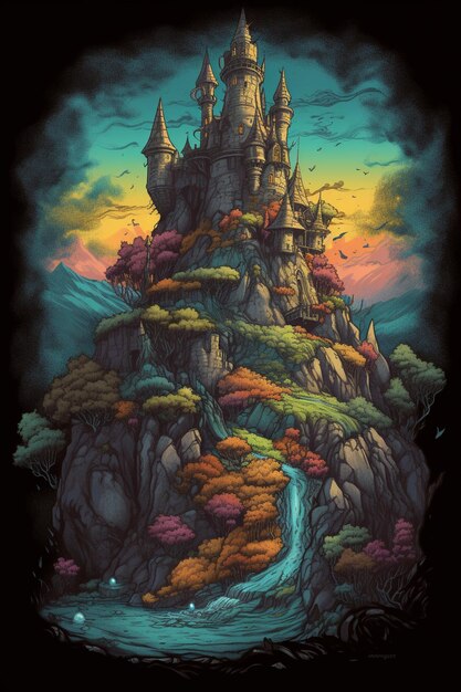 Una pintura de un castillo con una cascada al fondo.