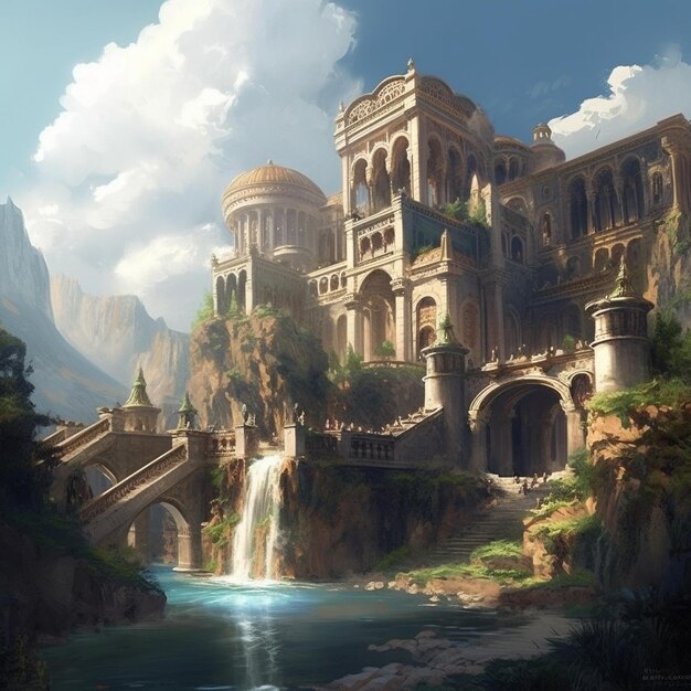 Una pintura de un castillo con una cascada al fondo.